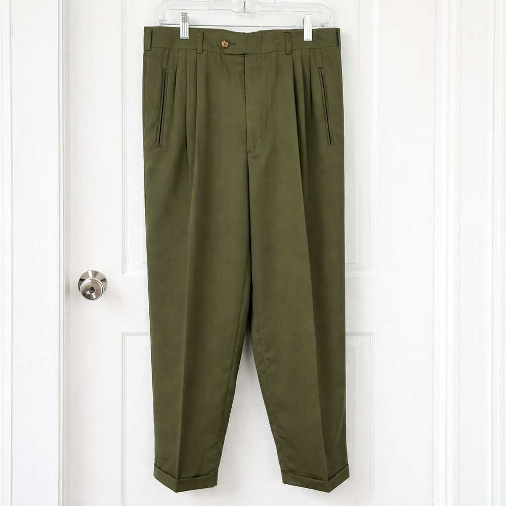 Perry Ellis Portfolio Olive Pleated Dress Pants 33x32 Wool Blend Vintage